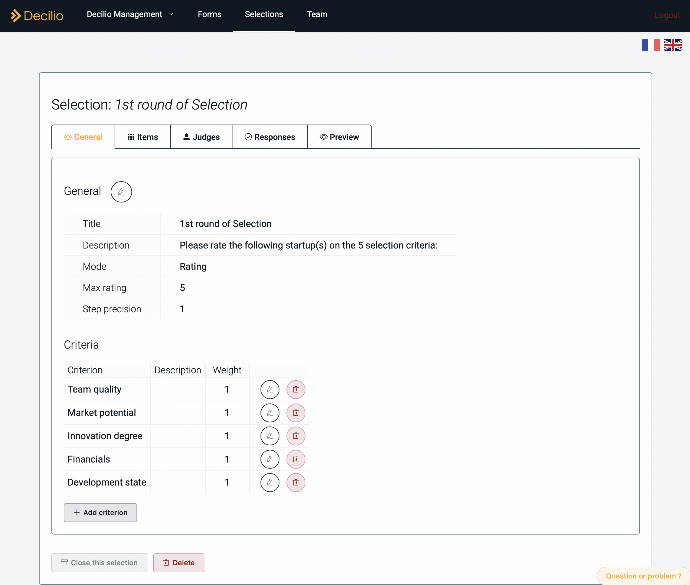 Decilio: selection tool dashboard view