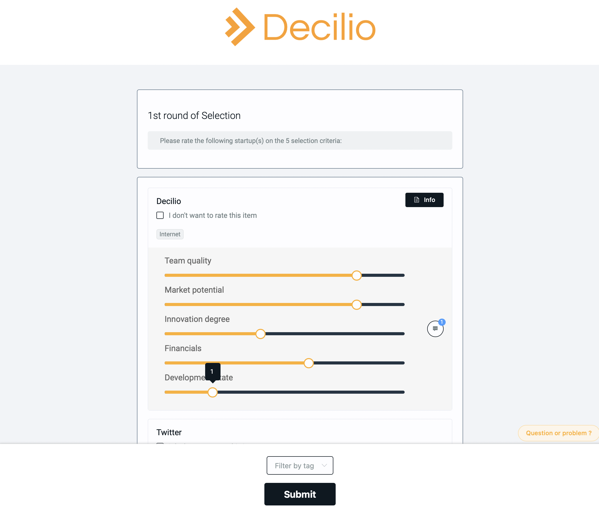 Decilio: selection process view