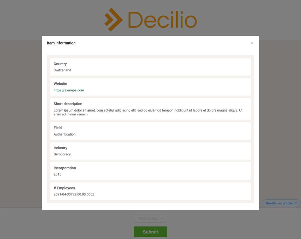 Decilio: item information