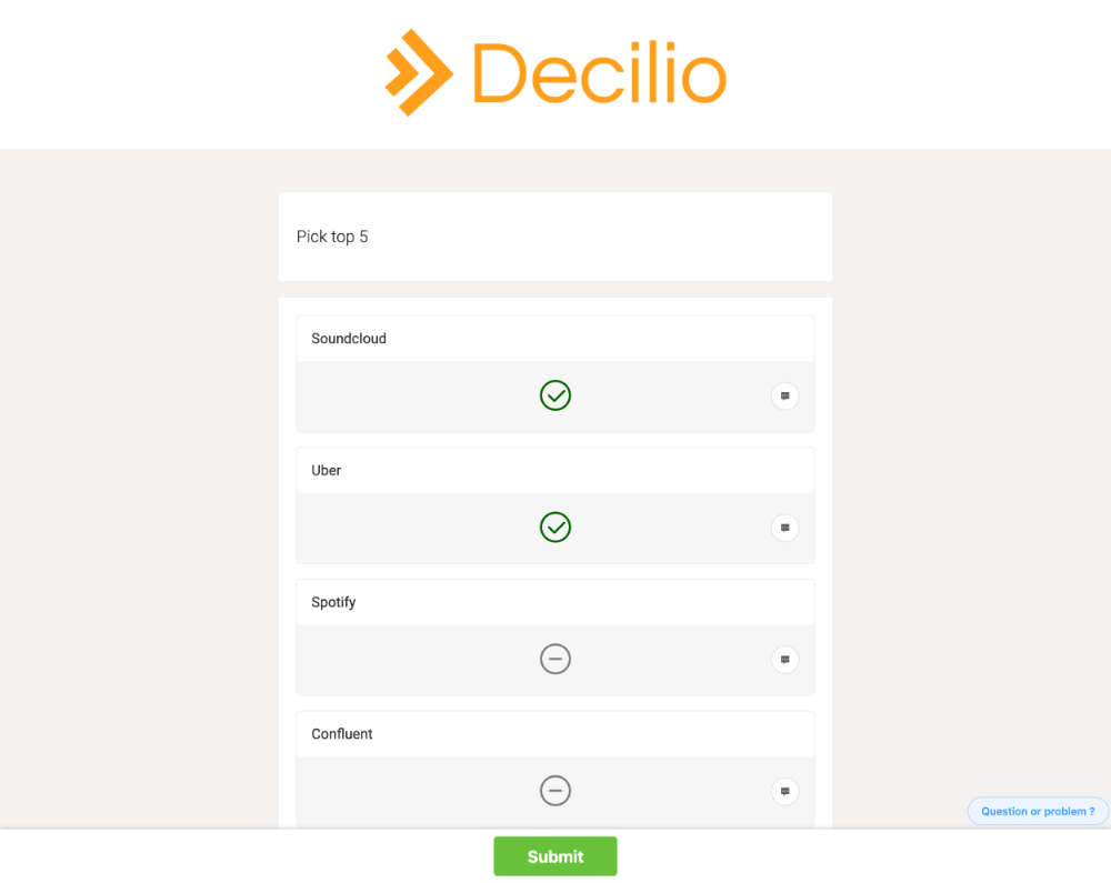 Decilio: Pick selection