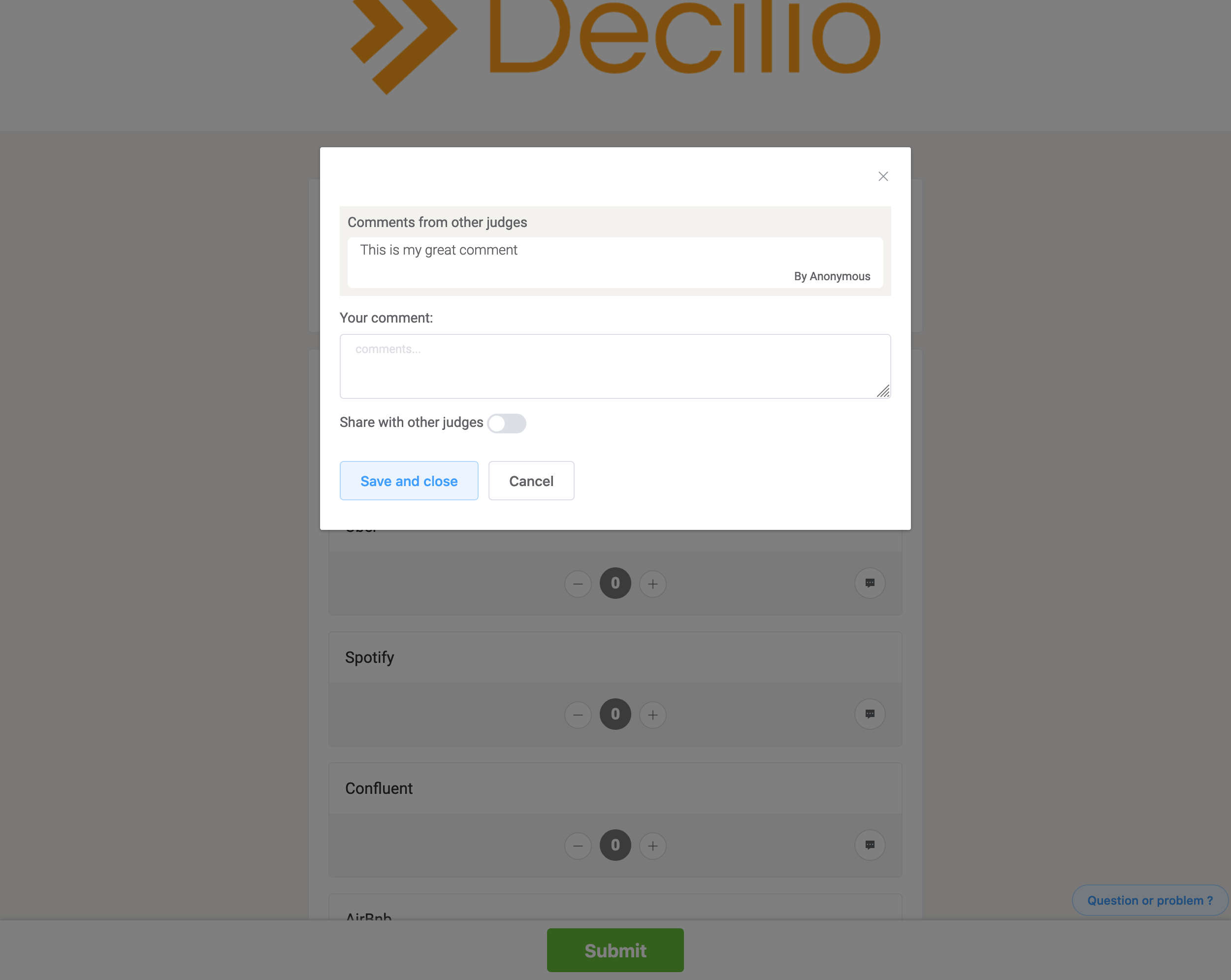 Decilio: shared comment in selection