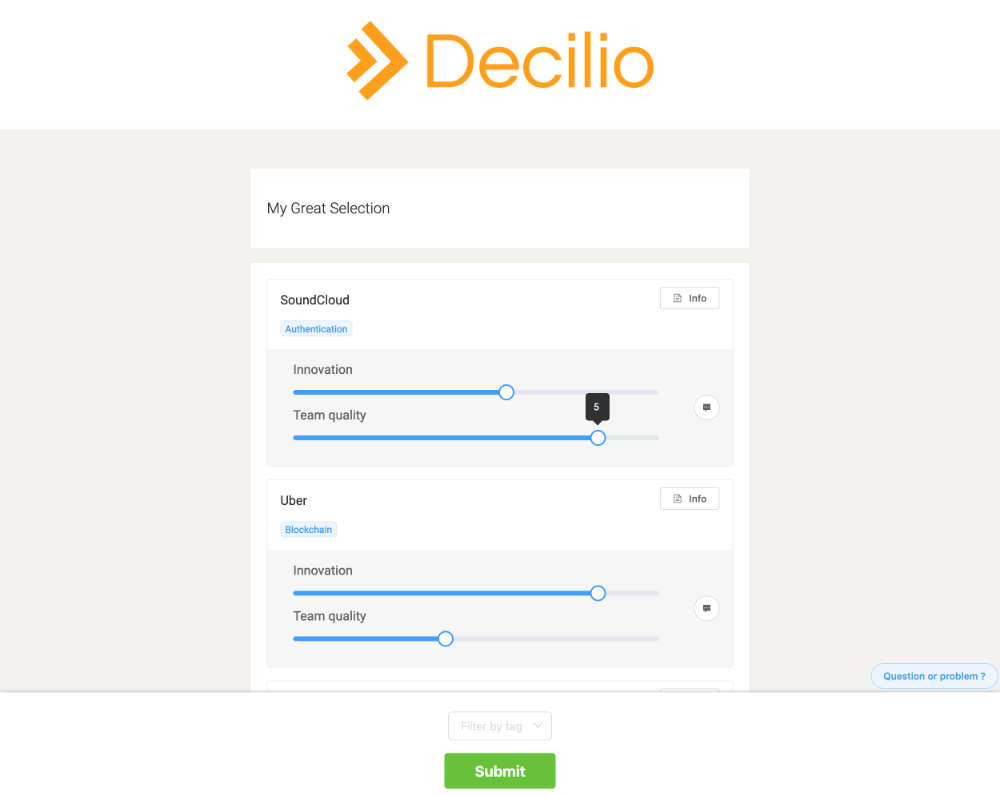 Decilio: how to save one's selection