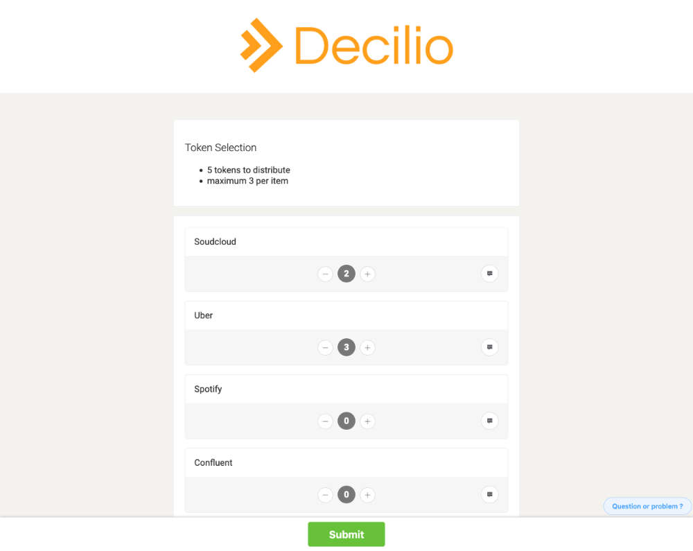 Decilio: token-based selection
